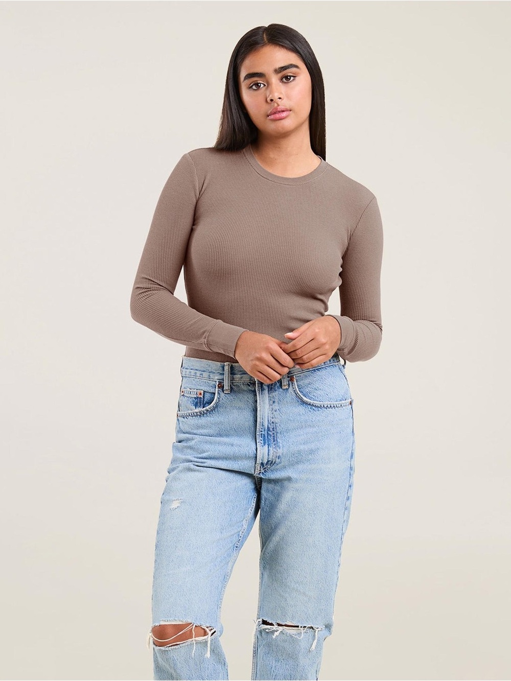 nuuds Waffle Knit Long Sleeve Crewneck Bodysuit - Taupe Brown Size Small